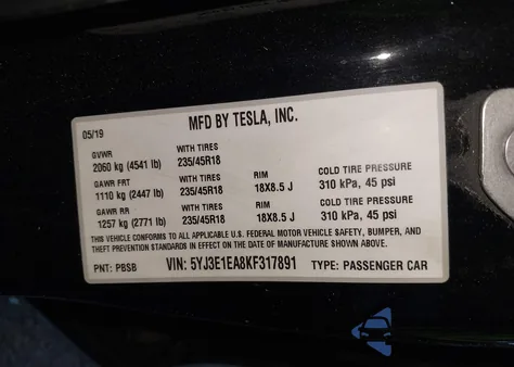2019 Tesla Model 3 Long Range/Mid Range/Standard Range/Standard Range Plus from USA, damaged, VIN 5YJ3E1EA8KF317891